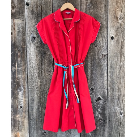 Vintage Dresses & Skirts - VTG 80s Cap Sleeve Pleat Front Tie Waist Shirt Dress